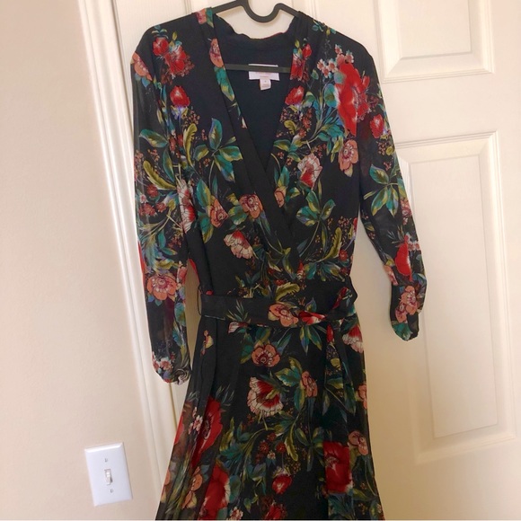 Black Red Dark Floral Chiffon 3/4 Long Sleeve Maxi Dress 6 - Picture 2 of 16